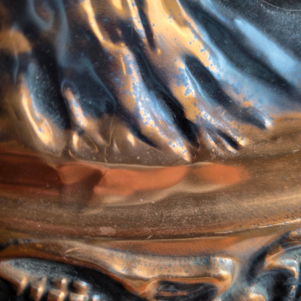 Vintage Embossed Copper Plate 'Settlers Scene' Log Cabin Oak Leaf Border 19.5" - Picture 8 of 11
